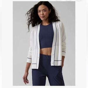 Athleta Collegiate Academia White Blue Stripe Cardigan Sweater Small